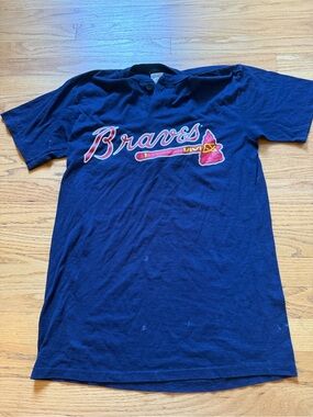 Majestic Navy Henley-Style Baseball Tee with Red & Blue Tag